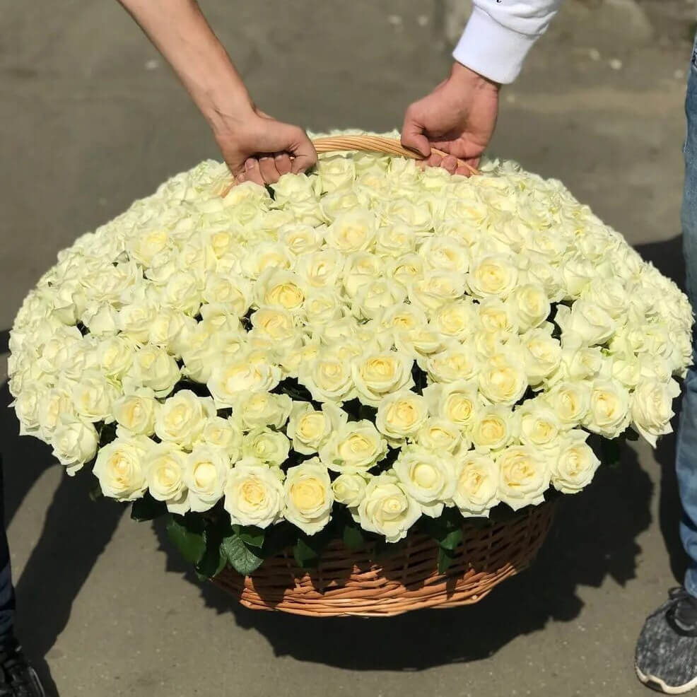 Белые розы в корзине.